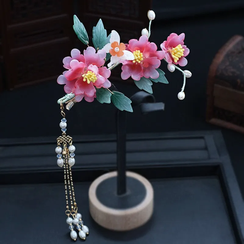 Coral Pink Floral Pearl Jade Tassel Hair Clip