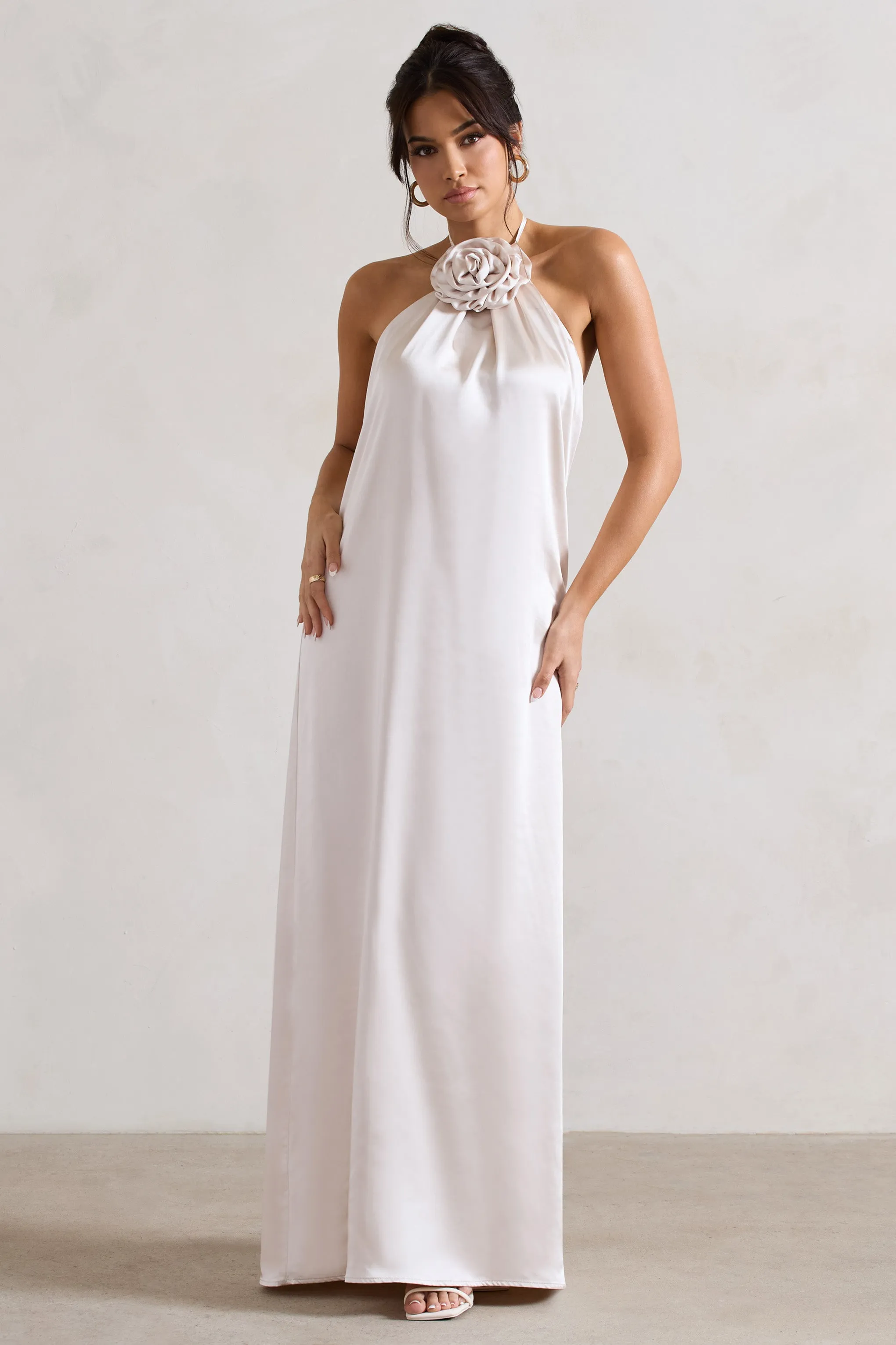 Cream Satin Relaxed Fit Maxi Column Dress with Corsage