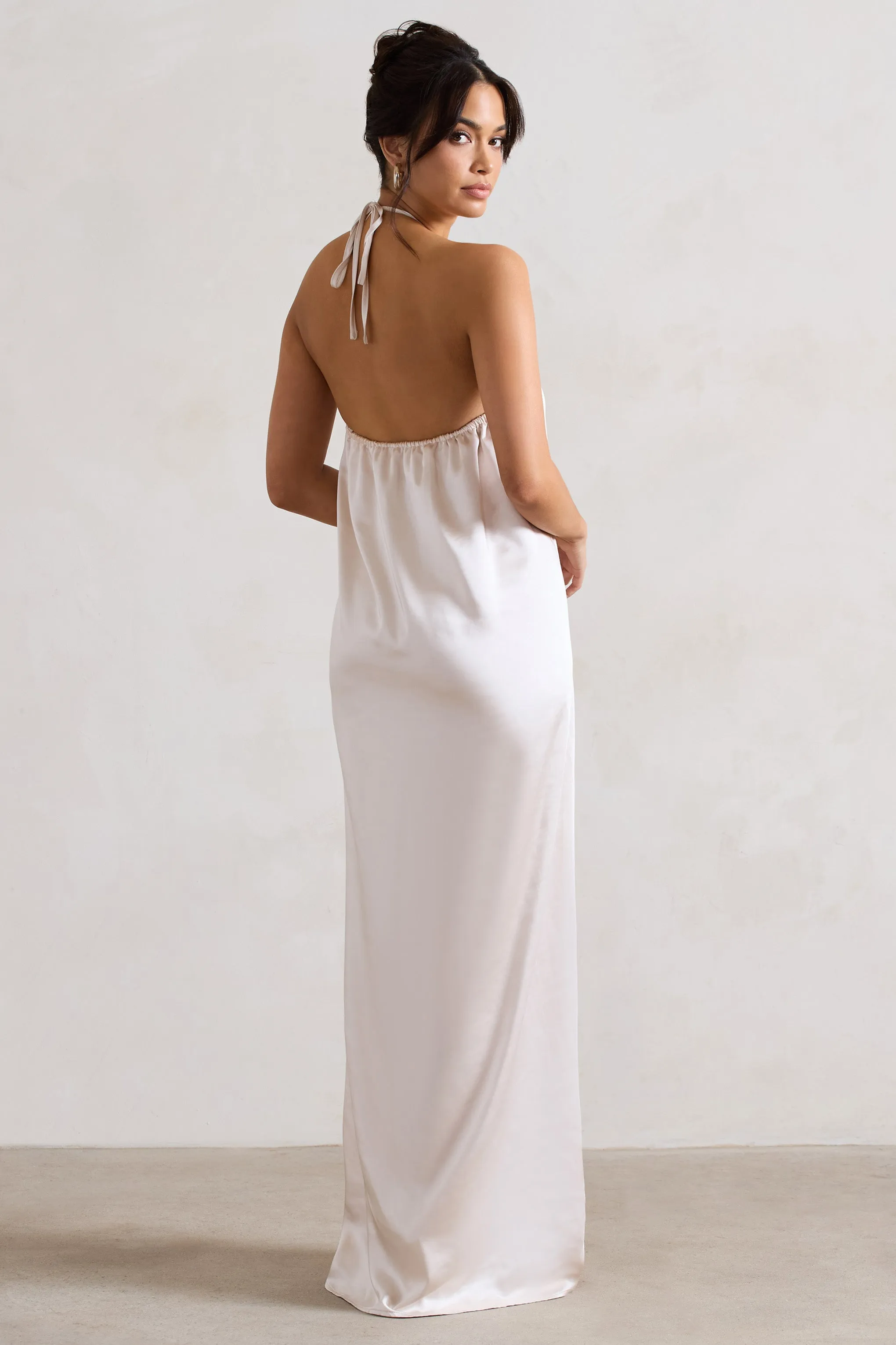 Cream Satin Relaxed Fit Maxi Column Dress with Corsage