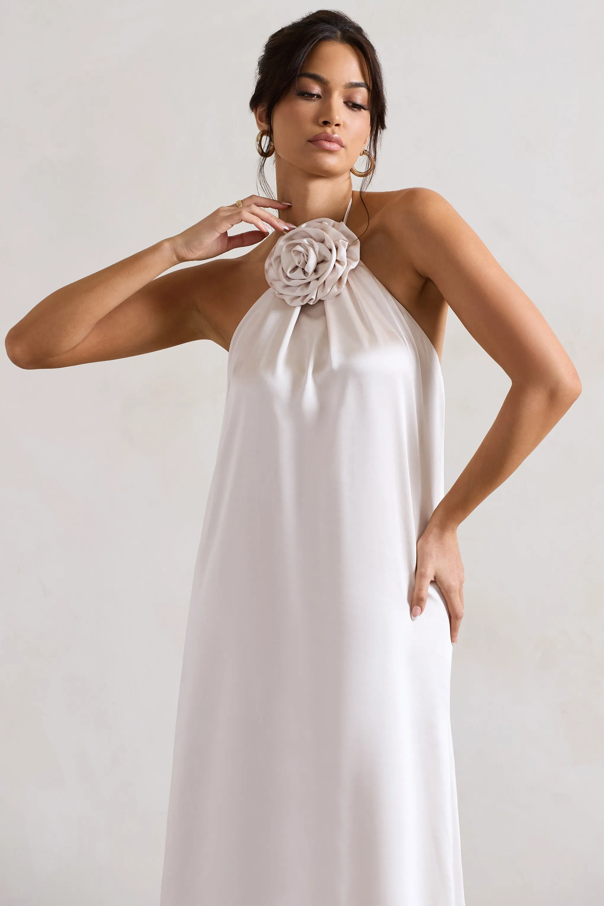 Cream Satin Relaxed Fit Maxi Column Dress with Corsage