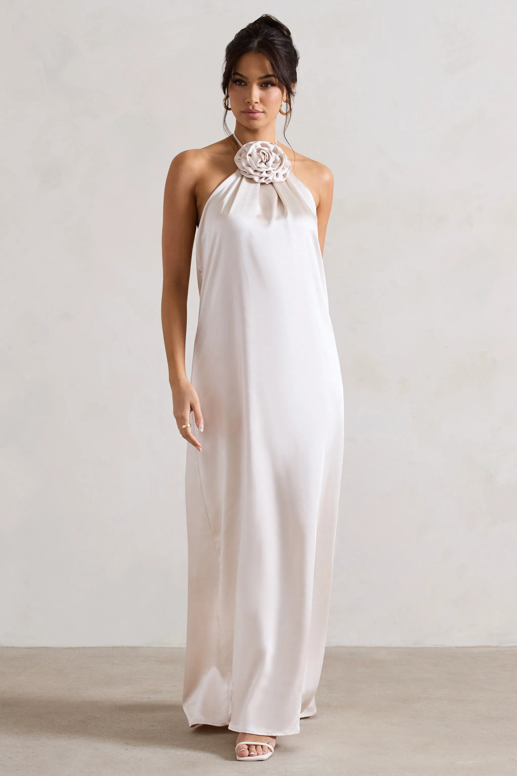 Cream Satin Relaxed Fit Maxi Column Dress with Corsage