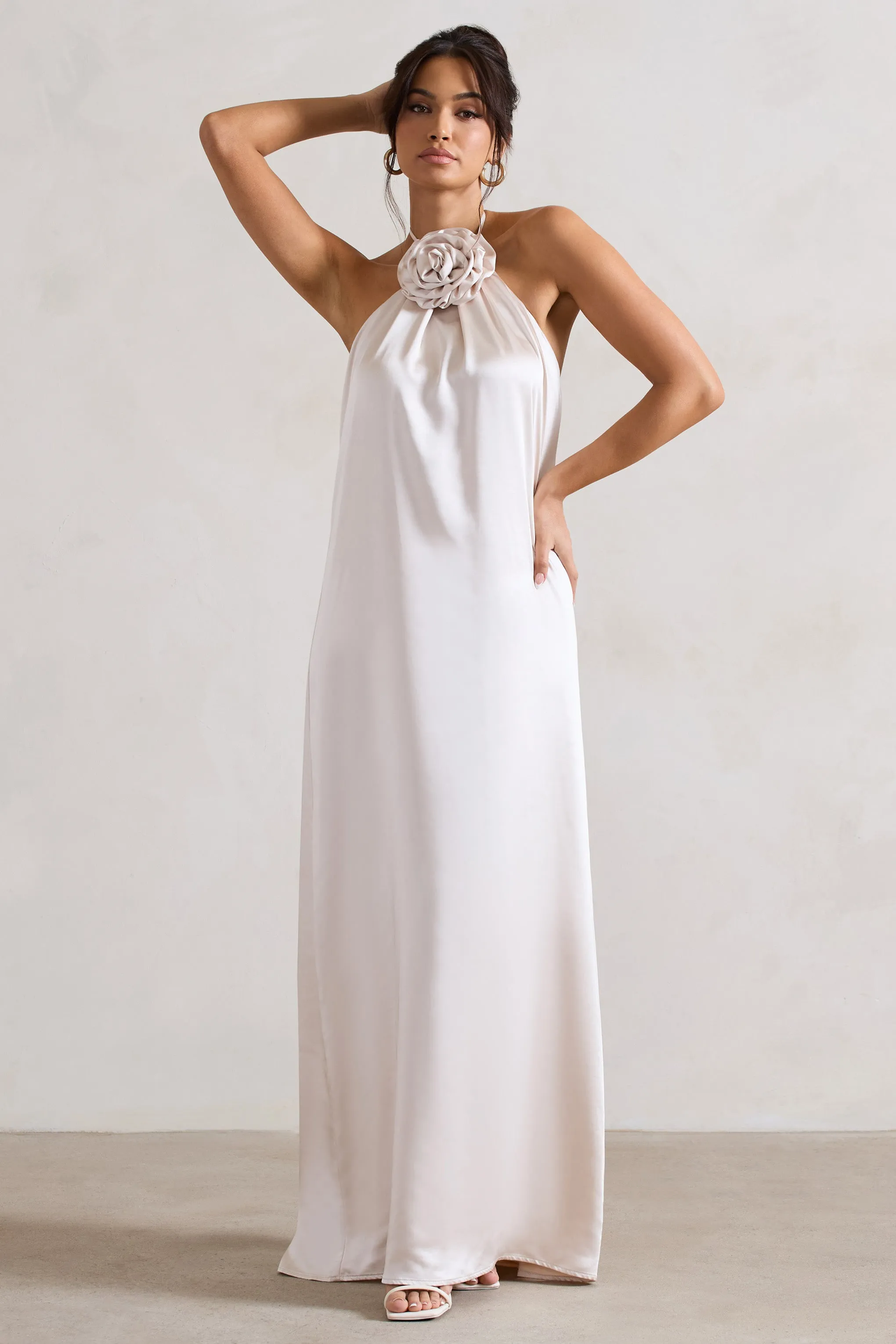 Cream Satin Relaxed Fit Maxi Column Dress with Corsage