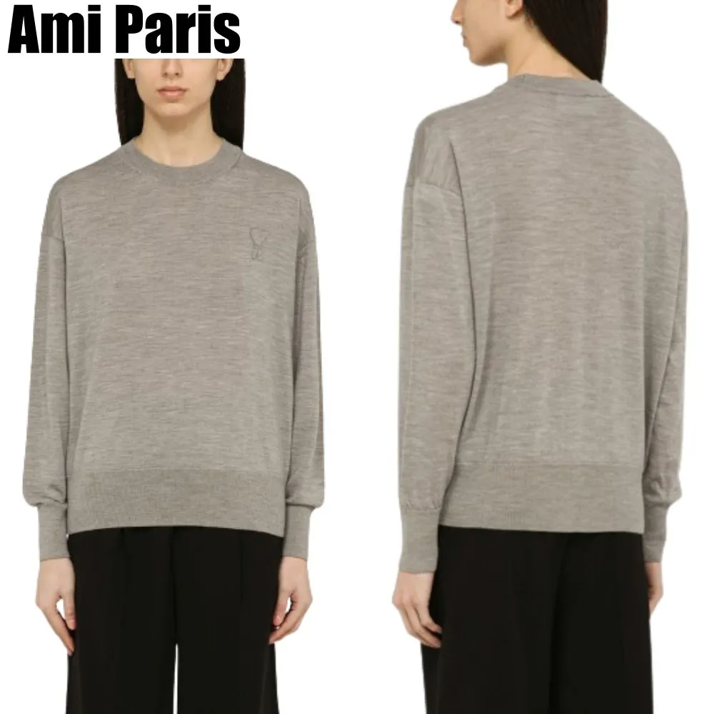 AMI PARIS Crew Neck Unisex Wool Rib Street Style