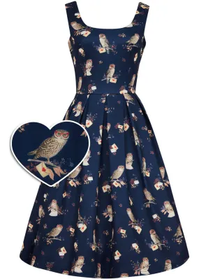 Dark Blue 50's Swing Dress with Owl Motif by Dolly & Dotty Amanda