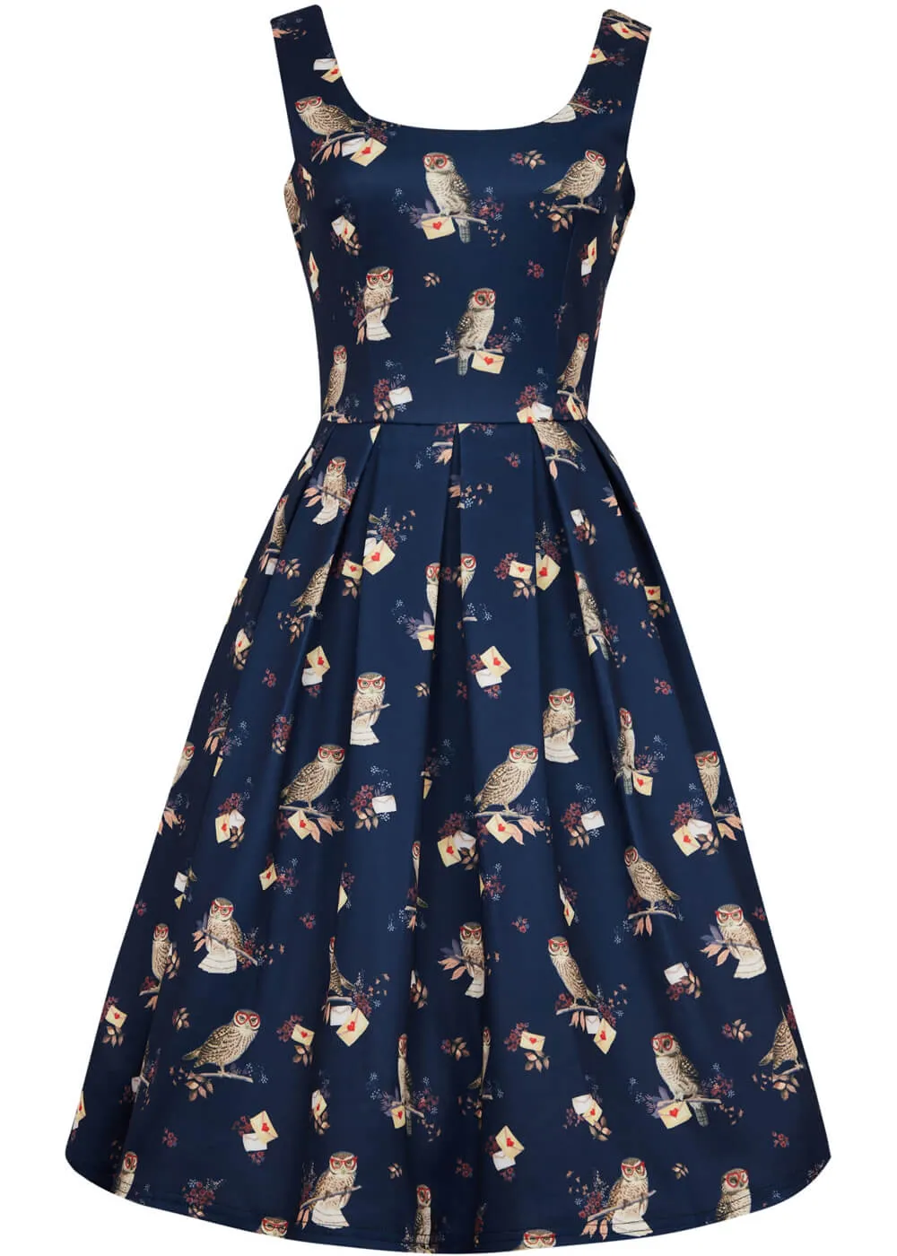 Dark Blue 50's Swing Dress with Owl Motif by Dolly & Dotty Amanda