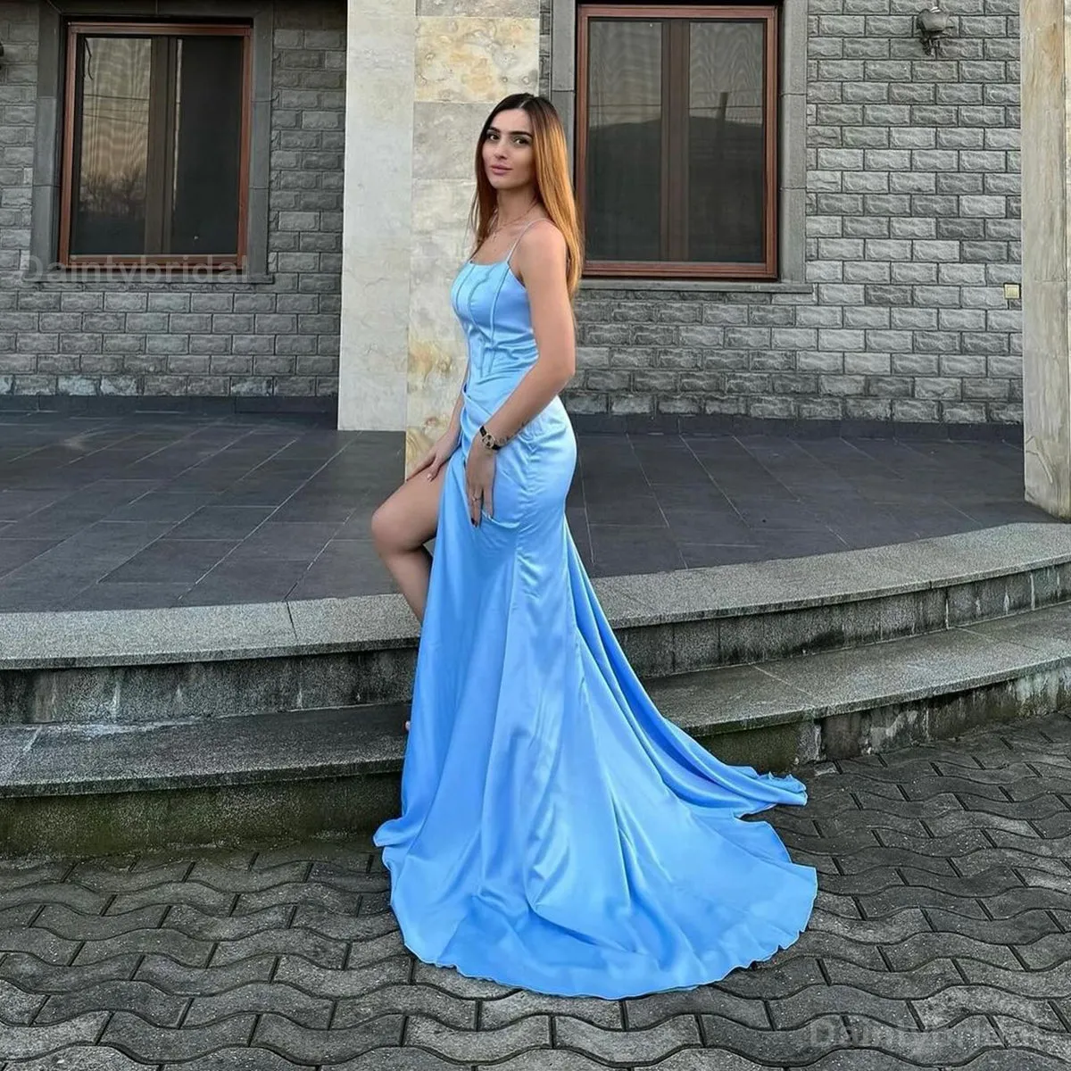 BG767 Elegant Spaghetti Straps Mermaid Blue Satin Long Bridesmaid Dress with Side Slit Available Online