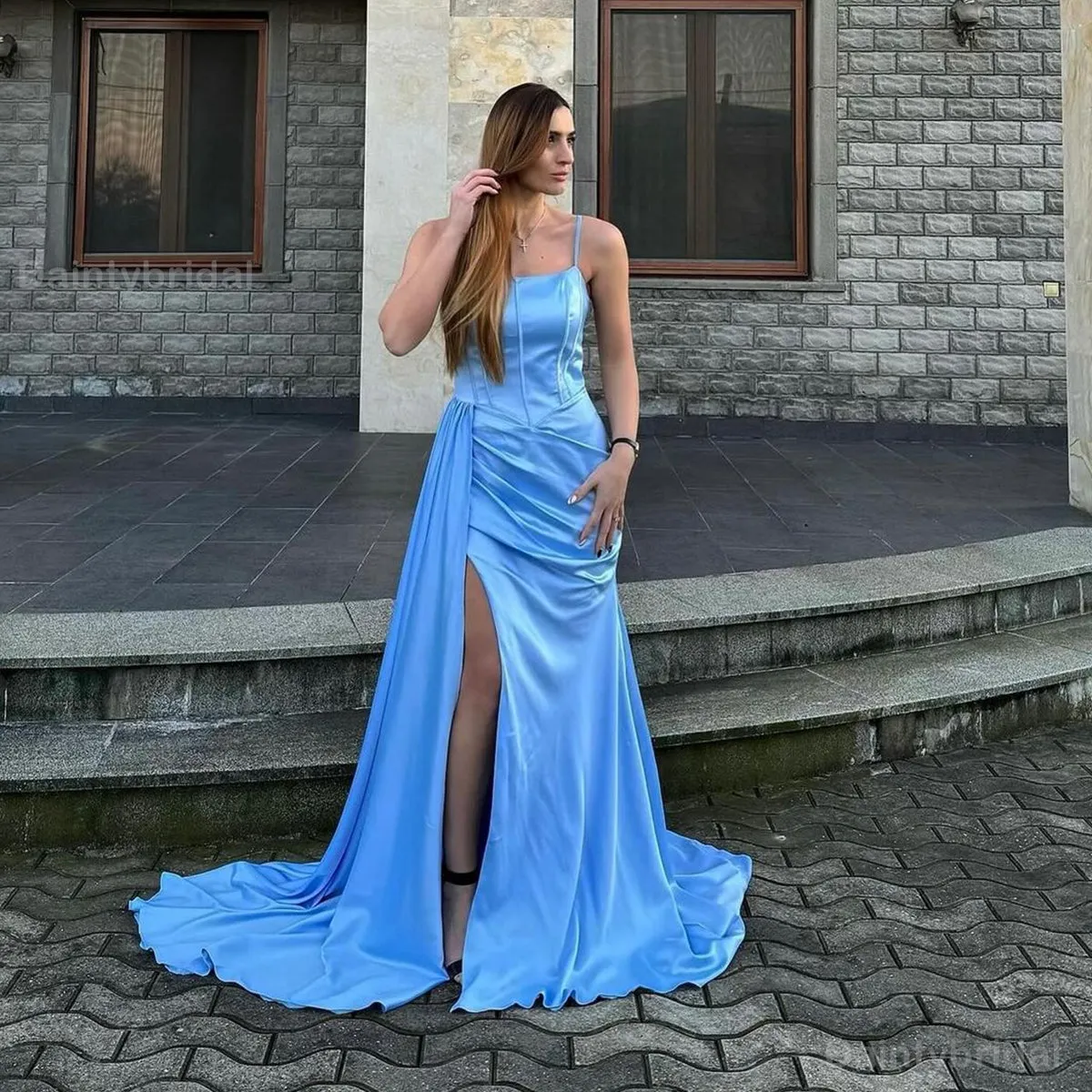 BG767 Elegant Spaghetti Straps Mermaid Blue Satin Long Bridesmaid Dress with Side Slit Available Online