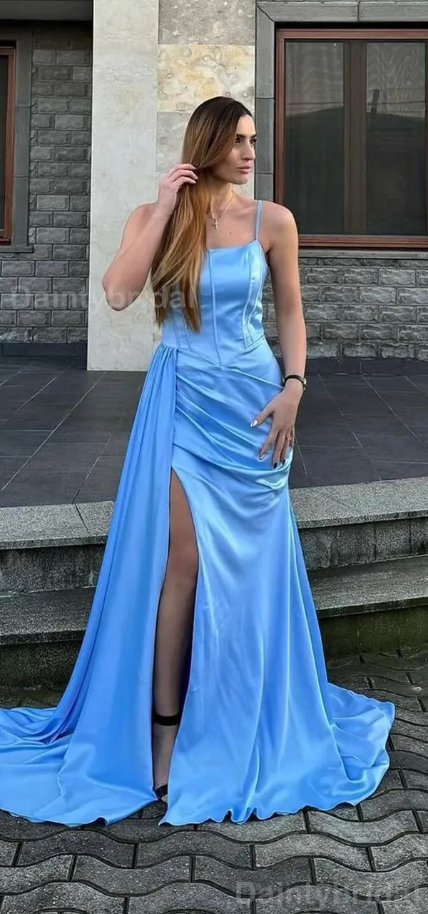 BG767 Elegant Spaghetti Straps Mermaid Blue Satin Long Bridesmaid Dress with Side Slit Available Online