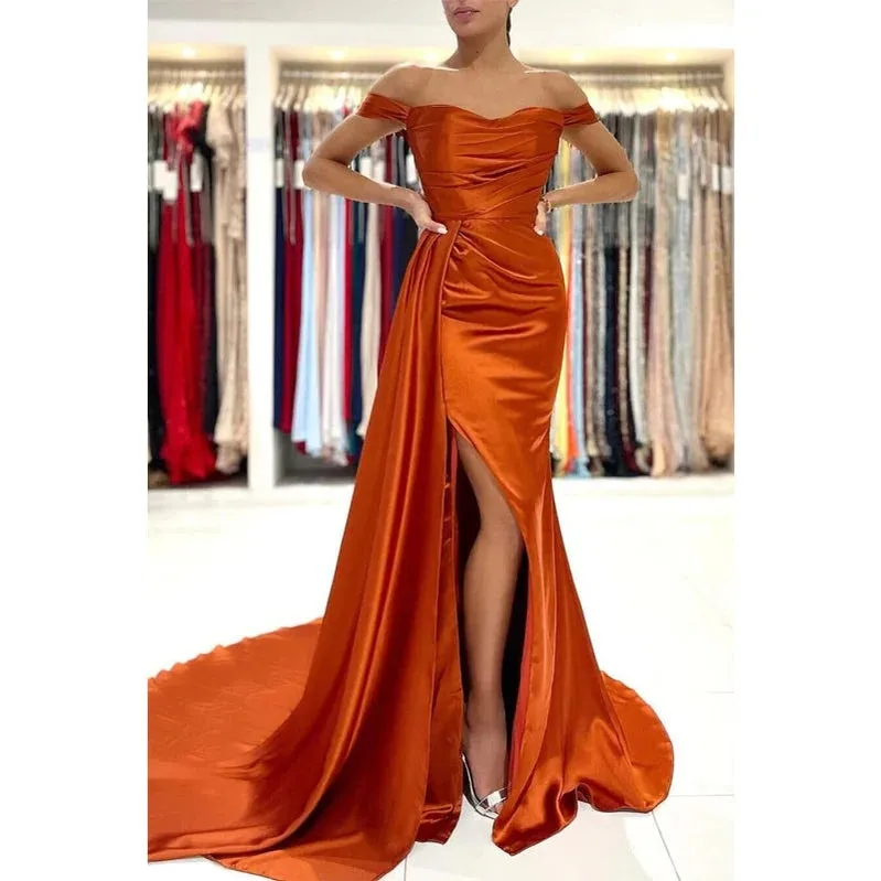 Chic Burnt Orange Satin Mermaid Bridesmaid Dress with Off-Shoulder Design and Side Slit, Available Online, BG709