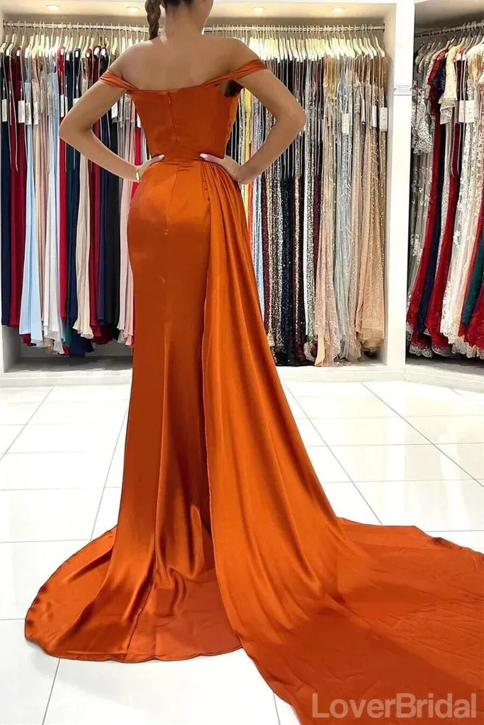 Chic Burnt Orange Satin Mermaid Bridesmaid Dress with Off-Shoulder Design and Side Slit, Available Online, BG709