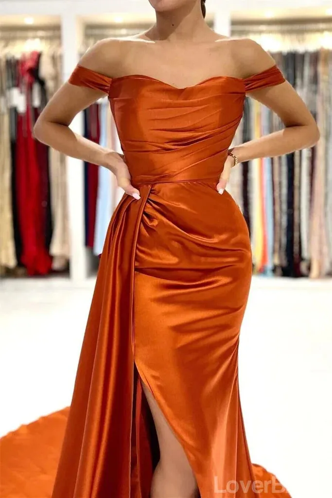 Chic Burnt Orange Satin Mermaid Bridesmaid Dress with Off-Shoulder Design and Side Slit, Available Online, BG709