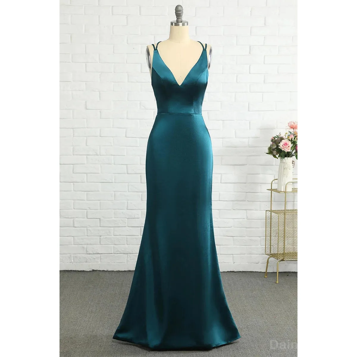 BG752 Elegant Spaghetti Straps Mermaid Satin V-neck Jade Long Bridesmaid Dress Available Online