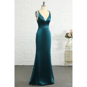 BG752 Elegant Spaghetti Straps Mermaid Satin V-neck Jade Long Bridesmaid Dress Available Online