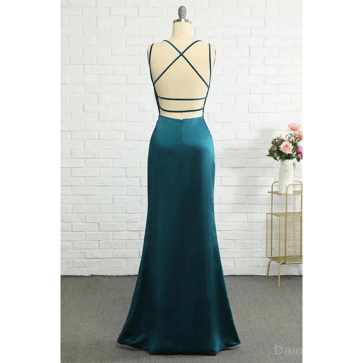 BG752 Elegant Spaghetti Straps Mermaid Satin V-neck Jade Long Bridesmaid Dress Available Online