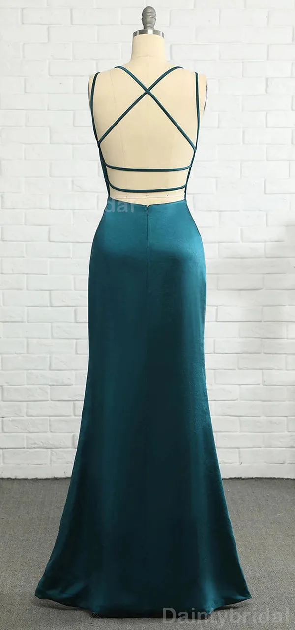 BG752 Elegant Spaghetti Straps Mermaid Satin V-neck Jade Long Bridesmaid Dress Available Online