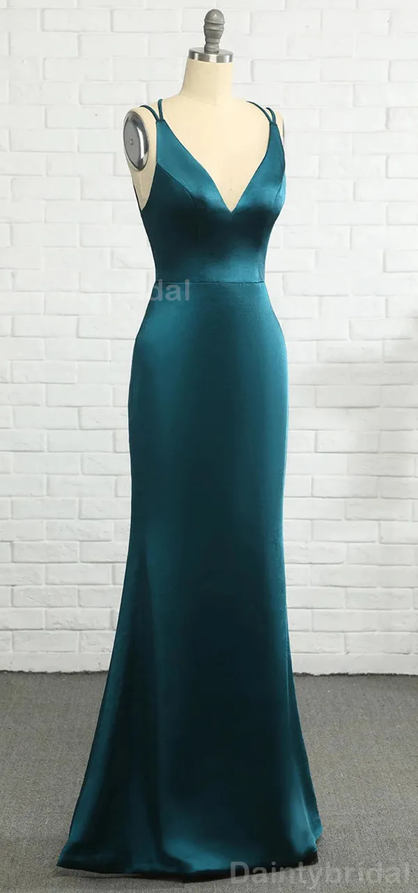 BG752 Elegant Spaghetti Straps Mermaid Satin V-neck Jade Long Bridesmaid Dress Available Online