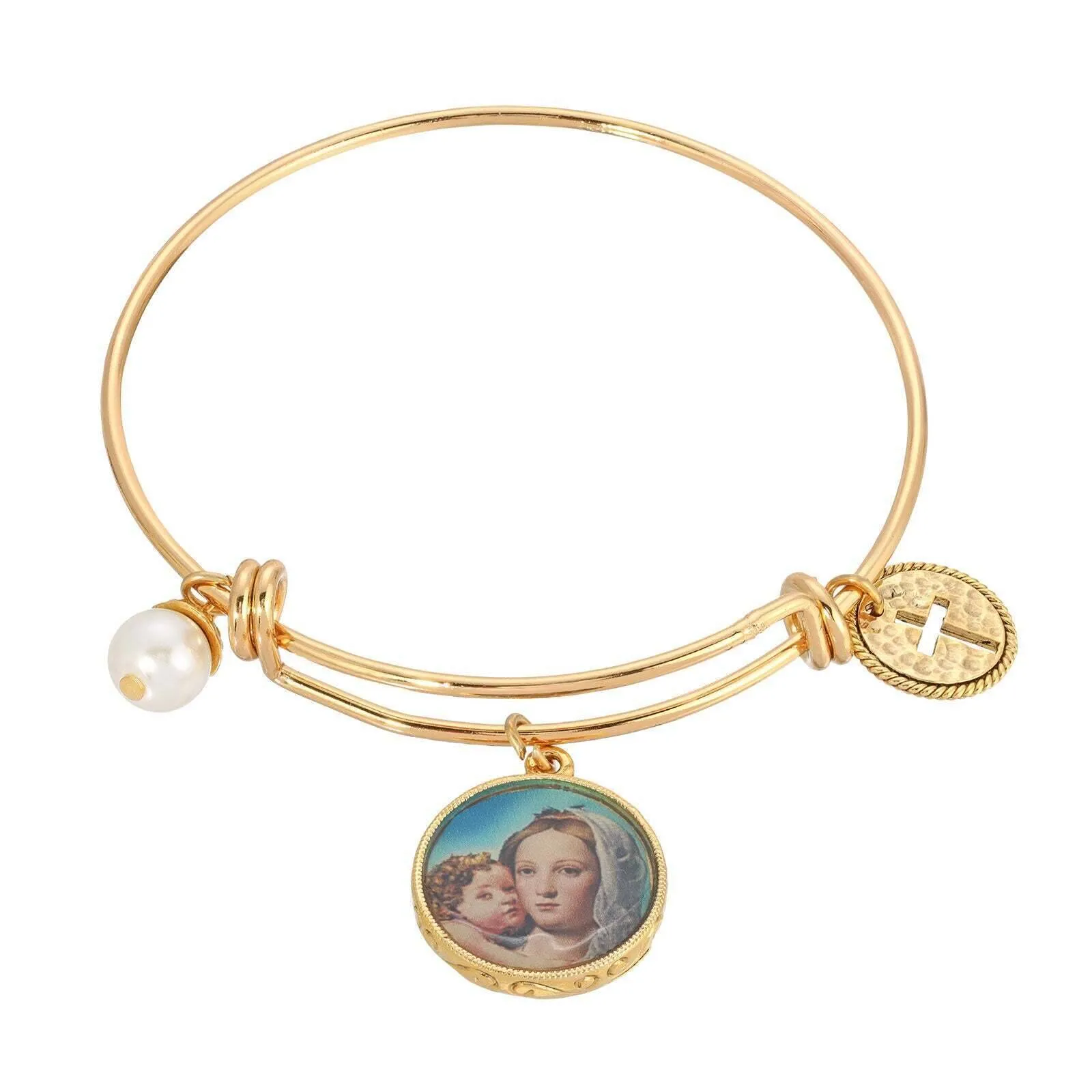 Faith Symbols Bangle Bracelet with Cross, Mary and Child Charms