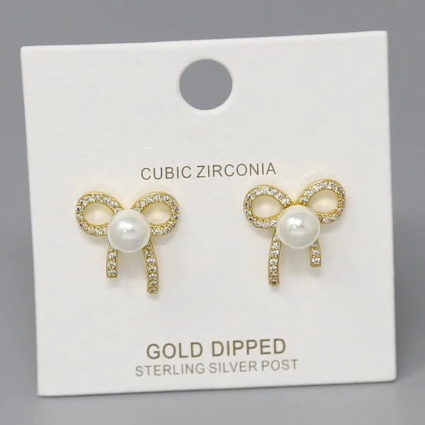 Bow Pearl CZ Pave Gold Dipped Stud Earrings