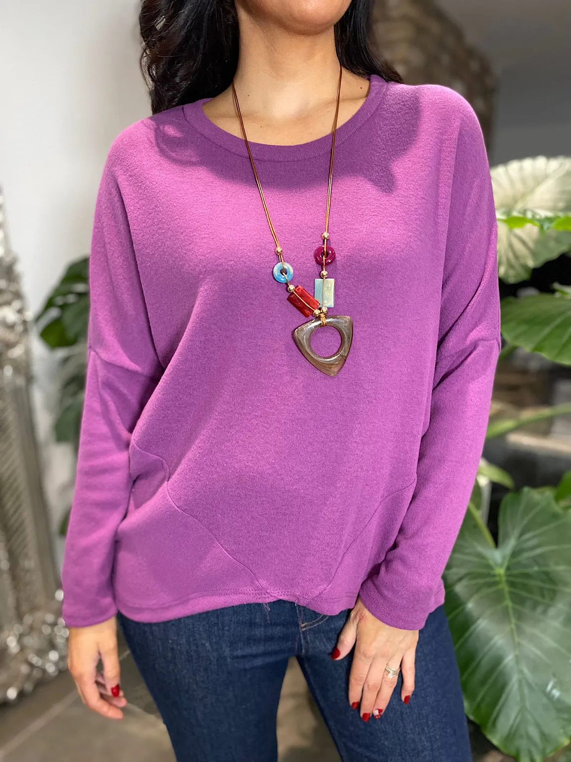 Grape Colored Soft Touch Knit Top with Asymmetric Design