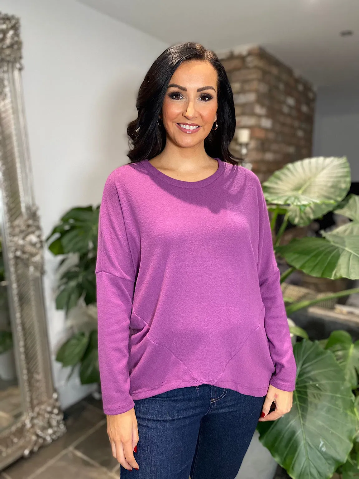 Grape Colored Soft Touch Knit Top with Asymmetric Design