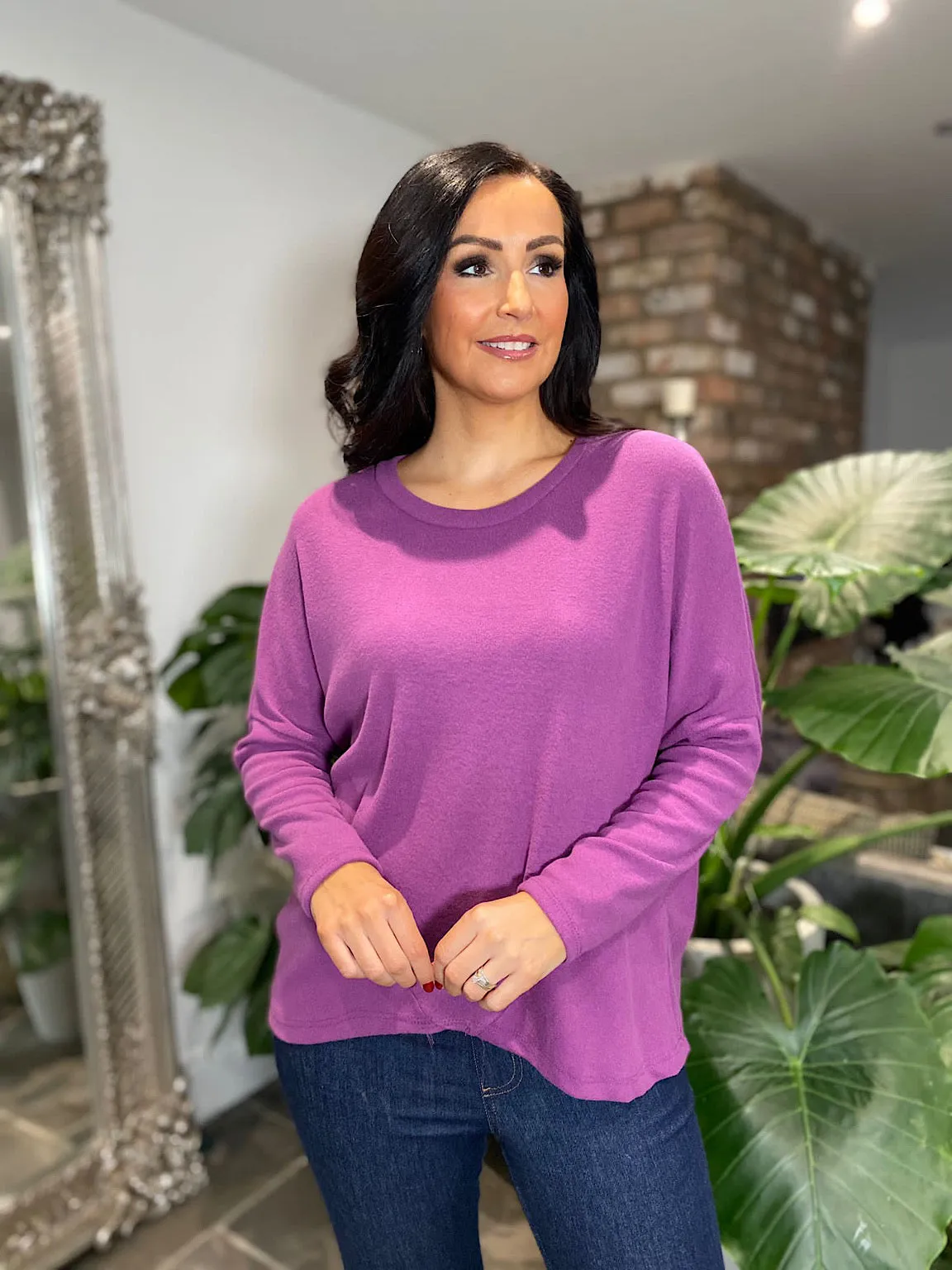 Grape Colored Soft Touch Knit Top with Asymmetric Design