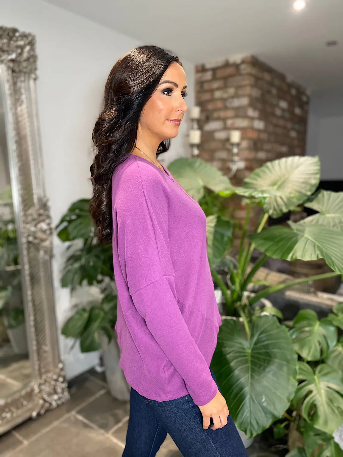 Grape Colored Soft Touch Knit Top with Asymmetric Design