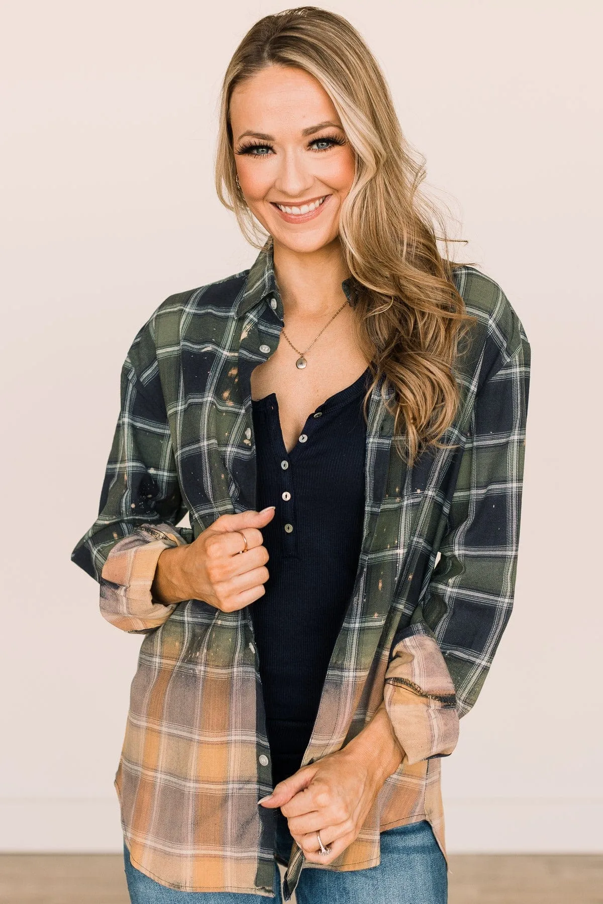 Green & Navy Bleached Plaid Top