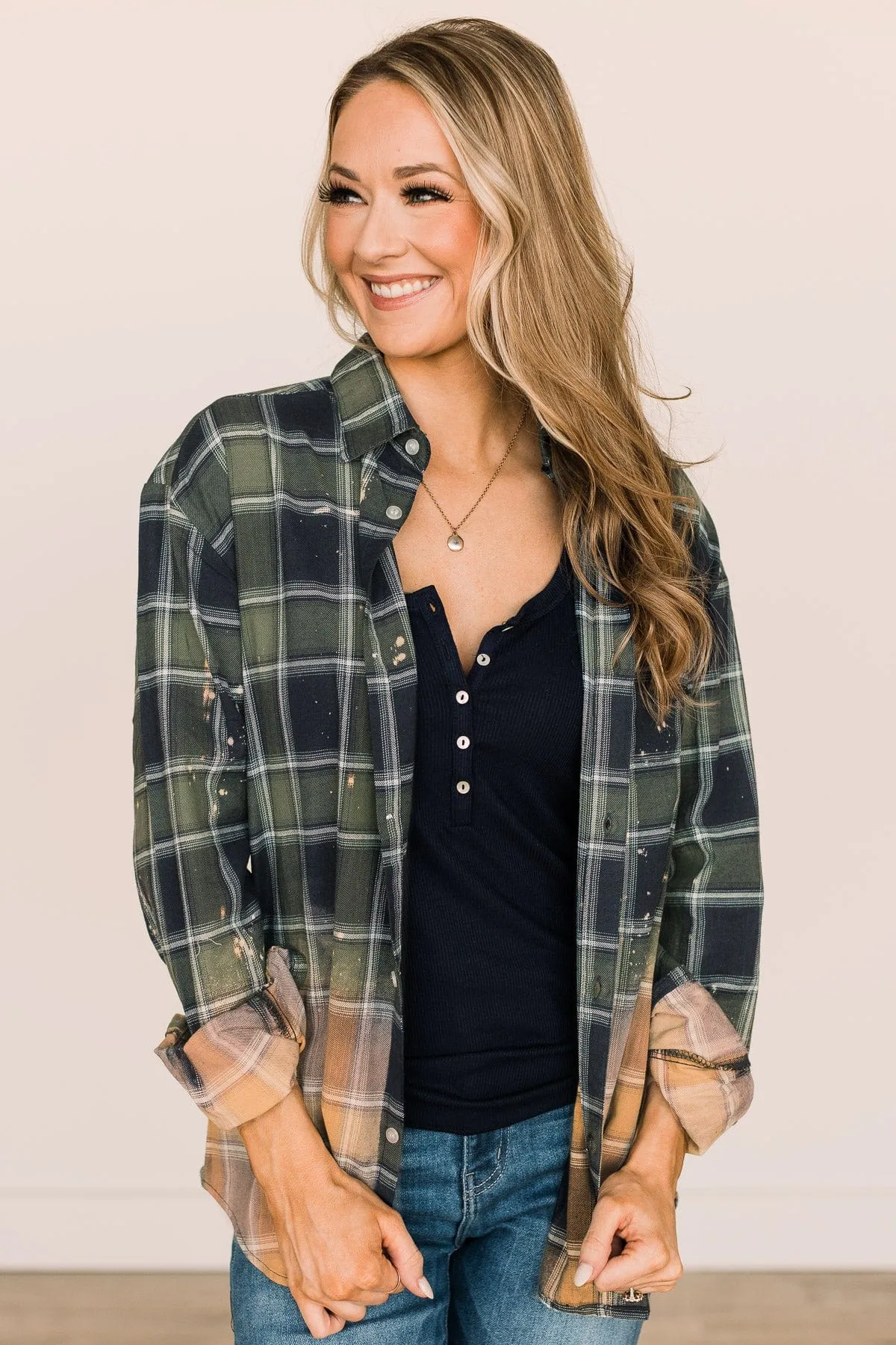 Green & Navy Bleached Plaid Top