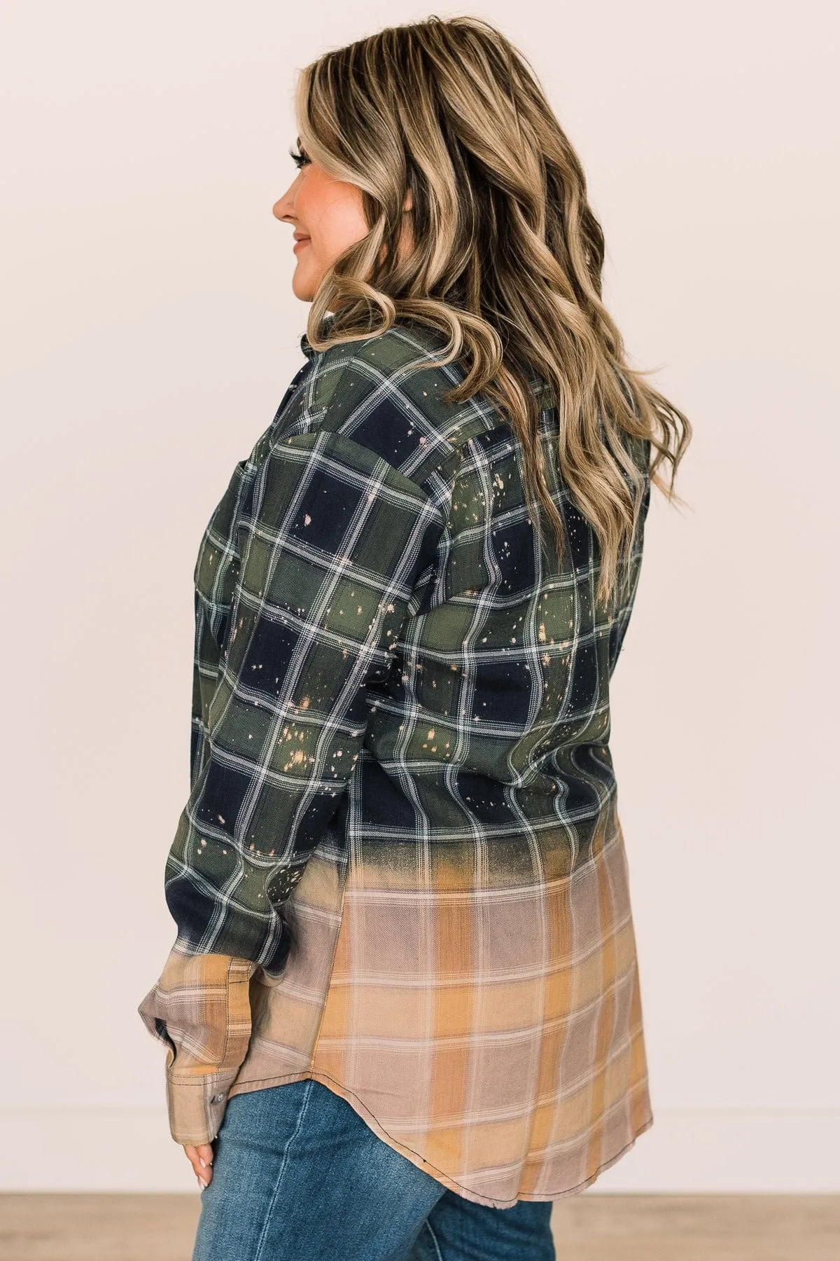 Green & Navy Bleached Plaid Top