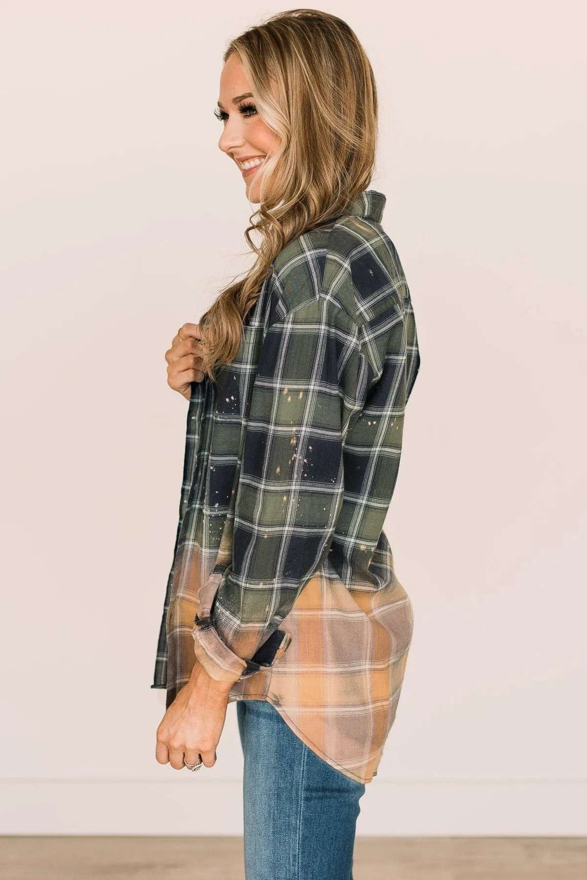 Green & Navy Bleached Plaid Top