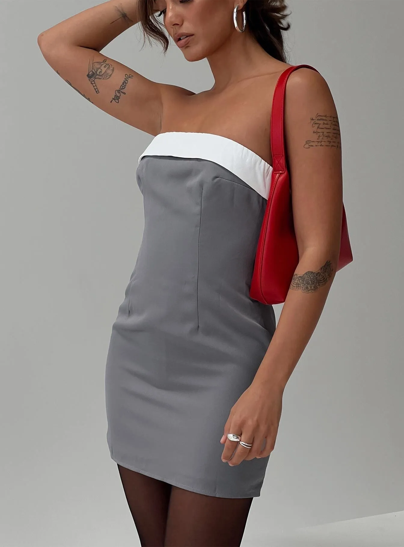 Grey and White Strapless Mini Dress by Tein