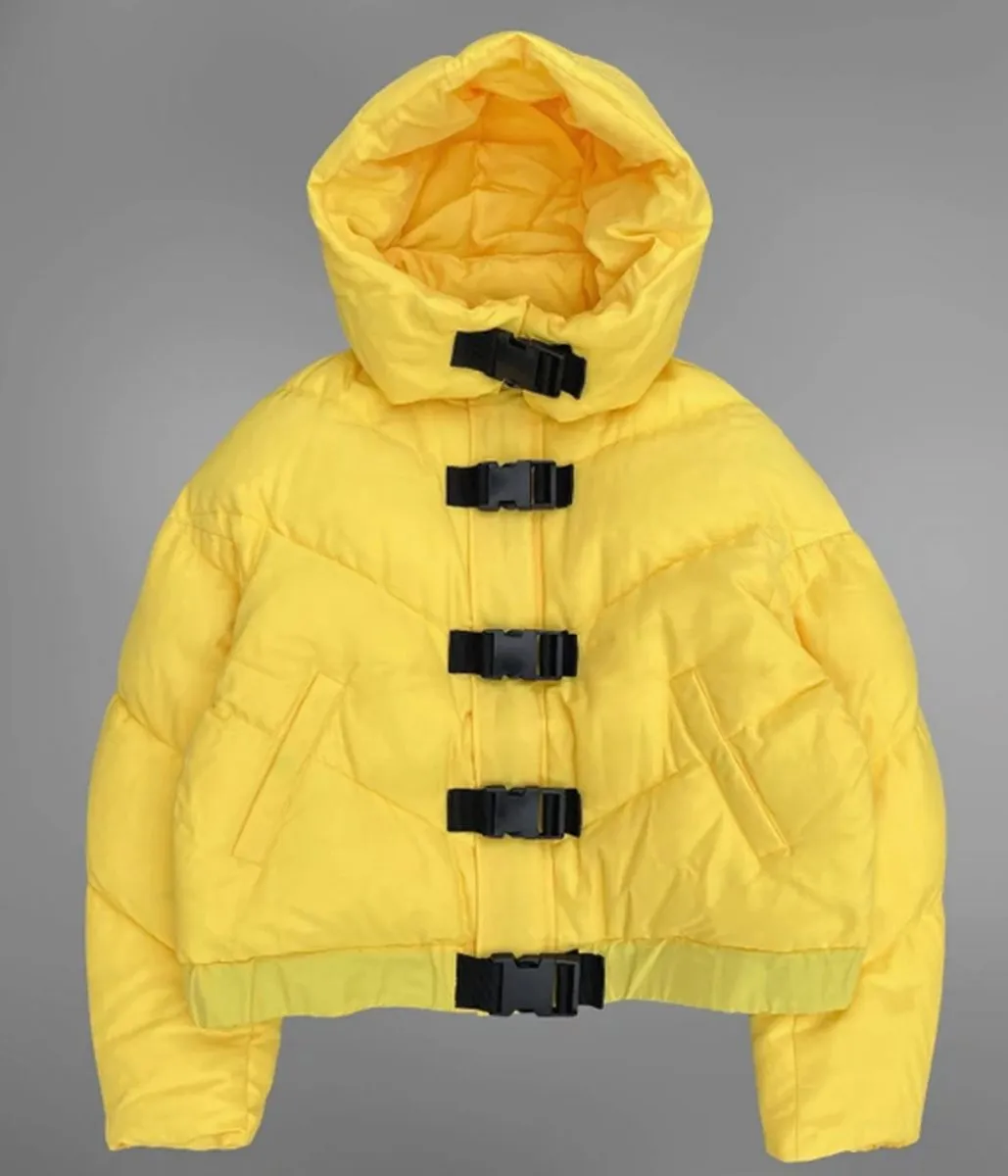 Yellow Hooded Puffer Jacket with Bondage Details from Growing Pains