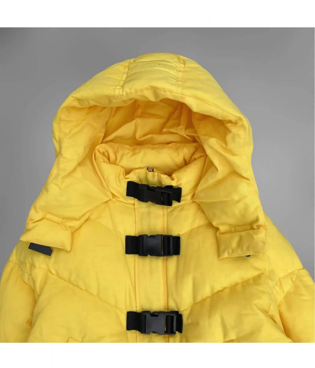 Yellow Hooded Puffer Jacket with Bondage Details from Growing Pains