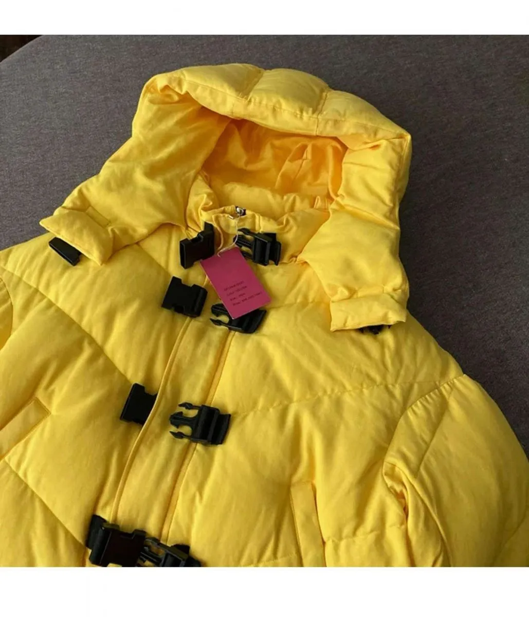 Yellow Hooded Puffer Jacket with Bondage Details from Growing Pains