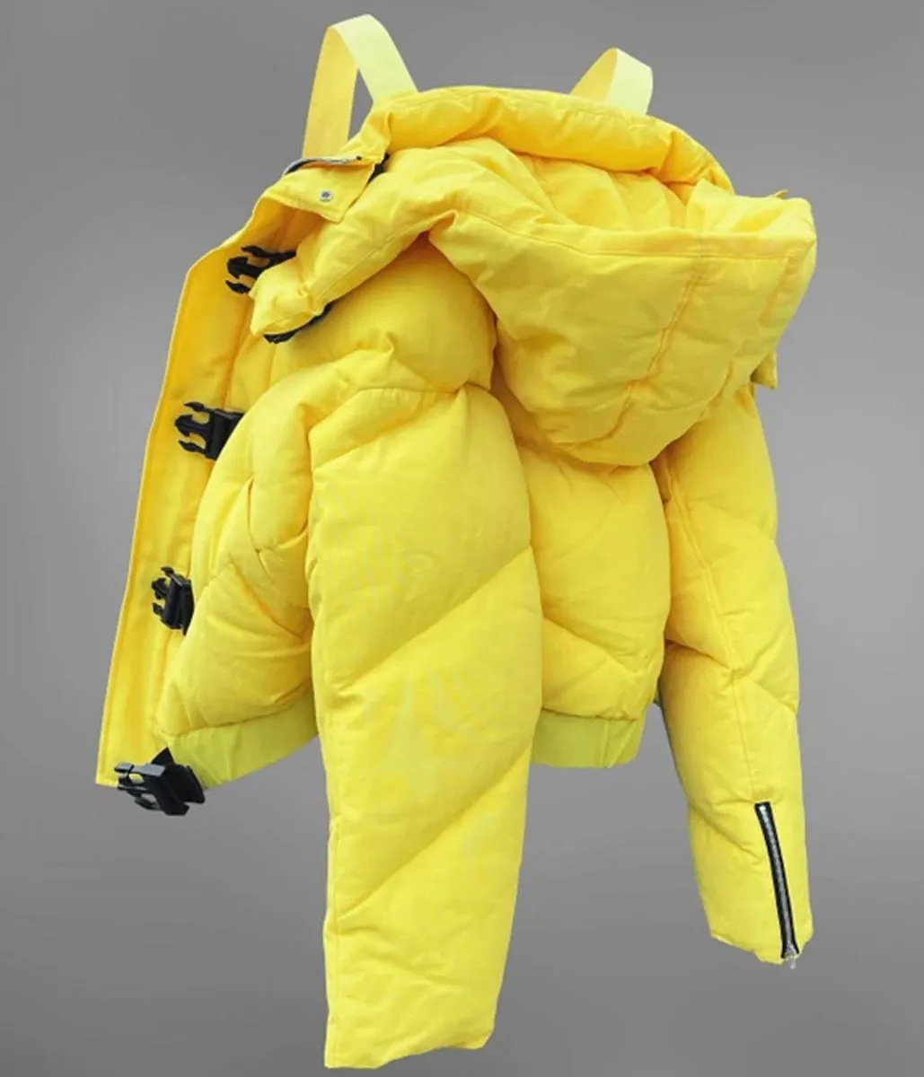 Yellow Hooded Puffer Jacket with Bondage Details from Growing Pains