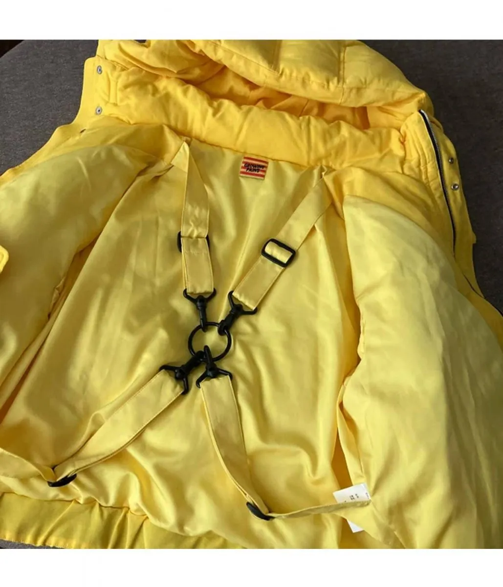 Yellow Hooded Puffer Jacket with Bondage Details from Growing Pains