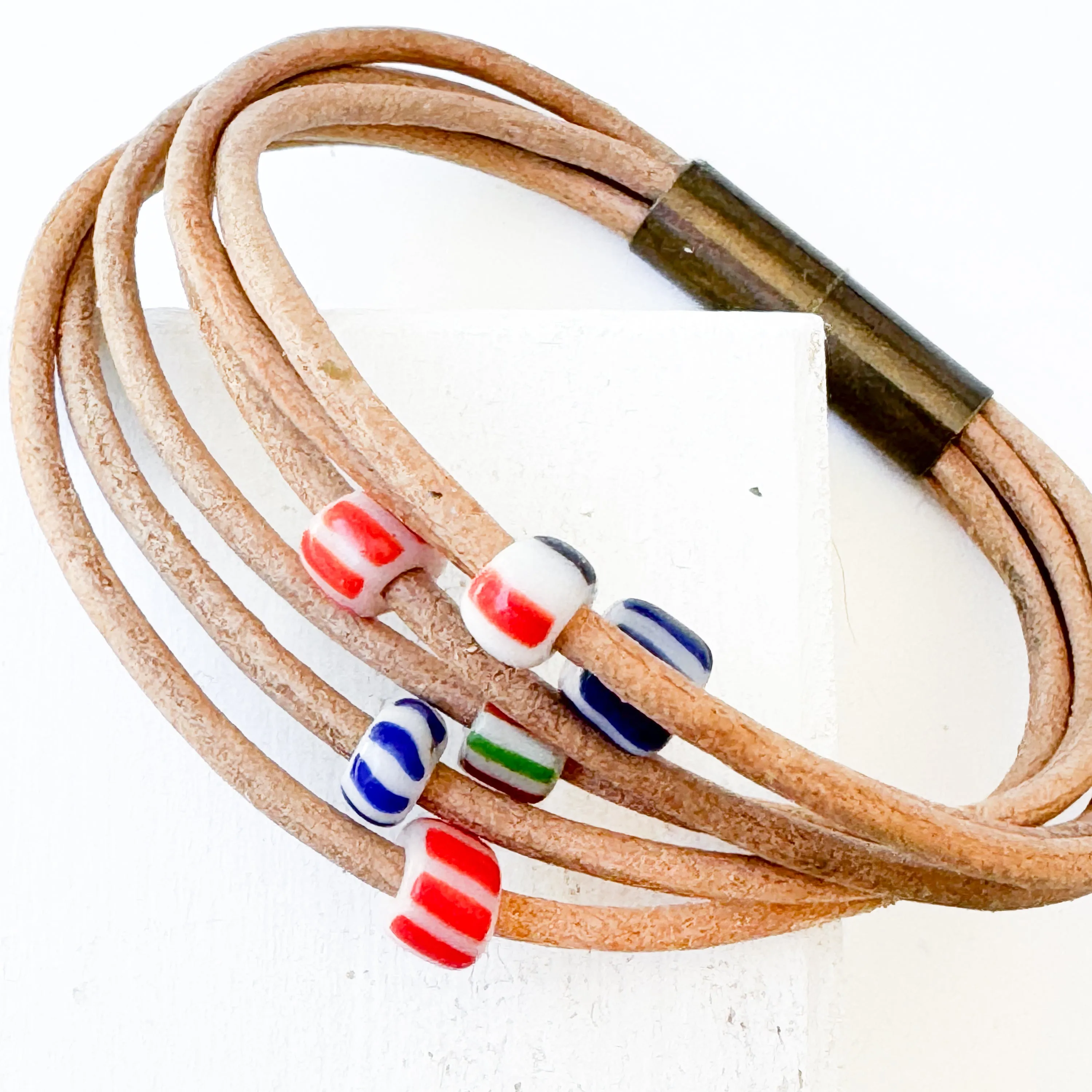 Natural Leather Bracelet with Small Fair Trade Chevron Beads