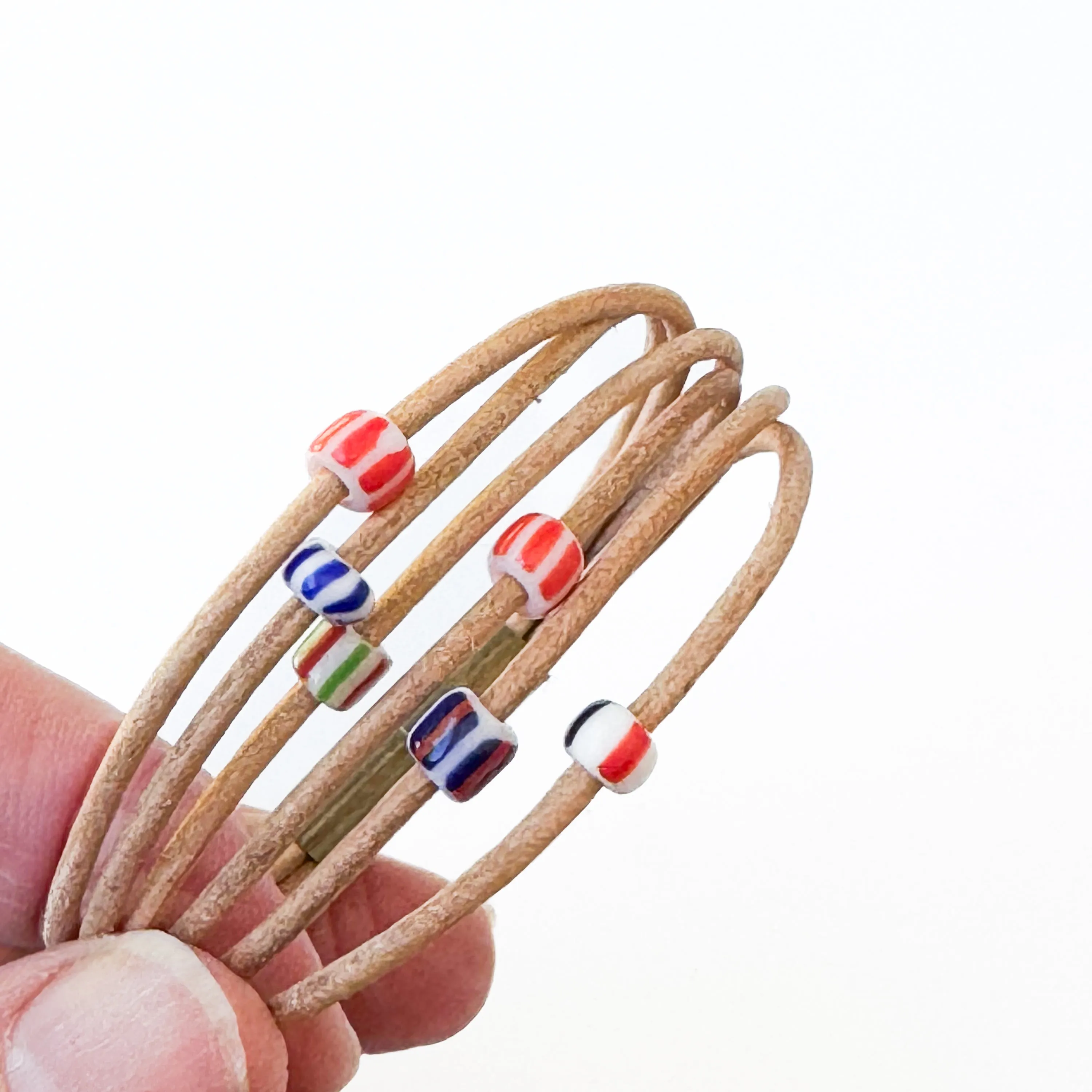 Natural Leather Bracelet with Small Fair Trade Chevron Beads