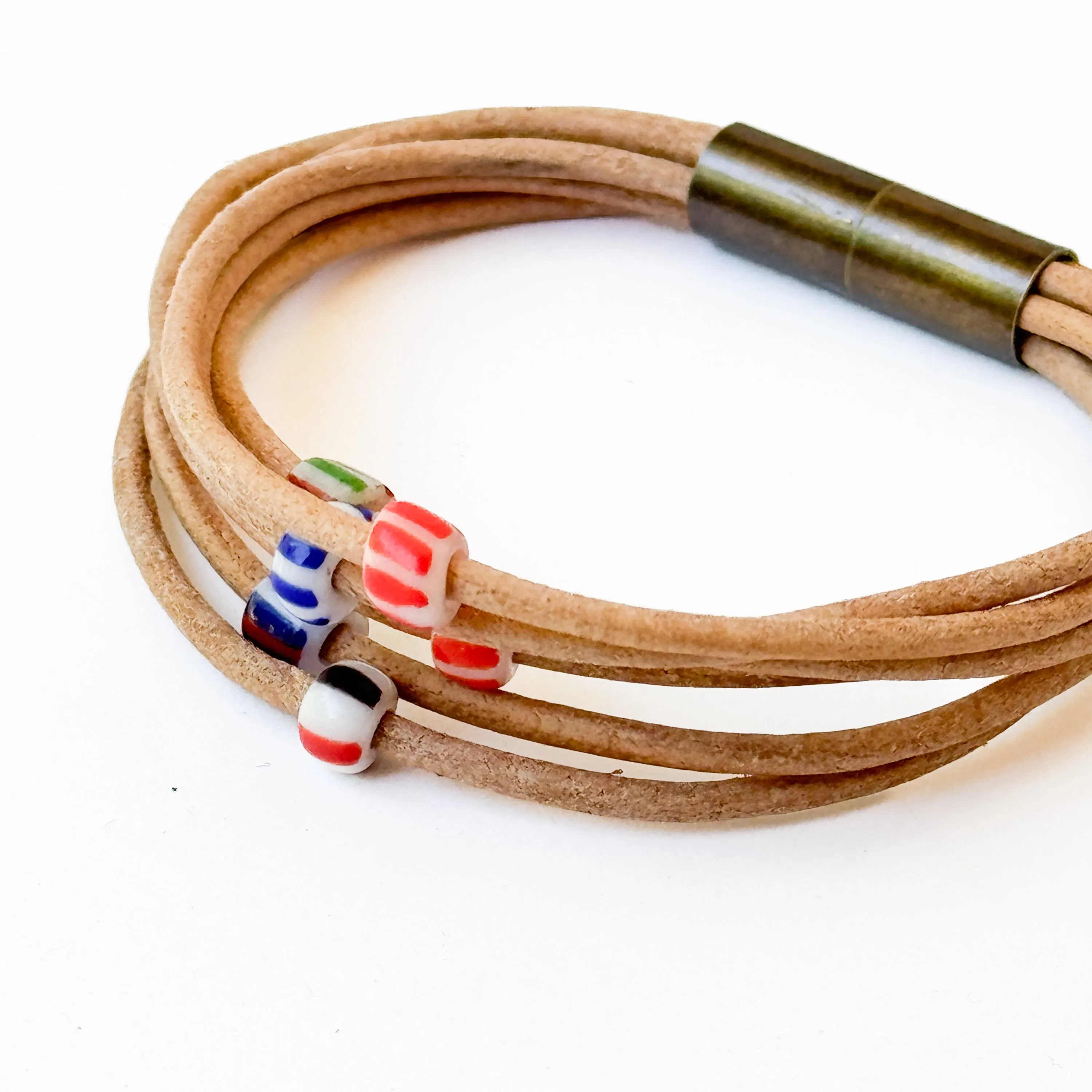 Natural Leather Bracelet with Small Fair Trade Chevron Beads