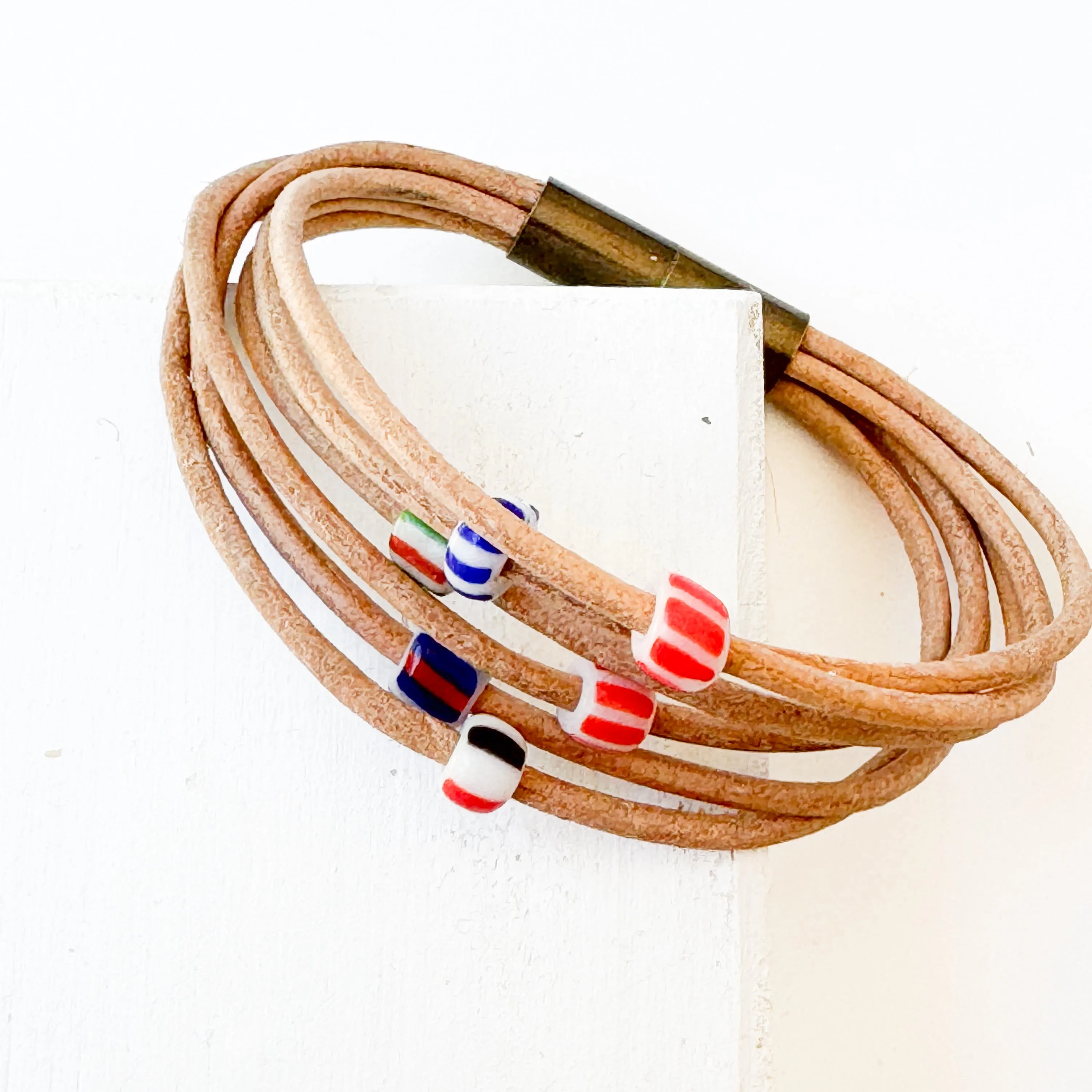 Natural Leather Bracelet with Small Fair Trade Chevron Beads