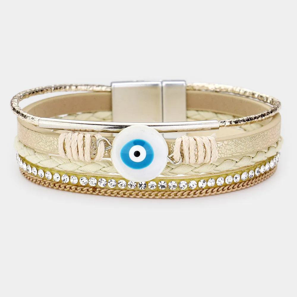 iLLASPARKZ Evil Eye Accented Faux Leather Magnetic Bracelet