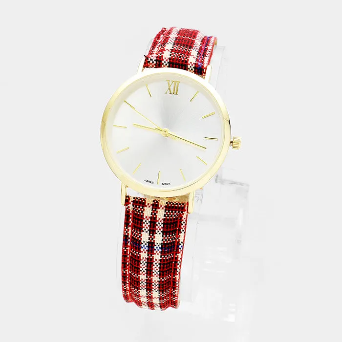 iLLASPARKZ Round Plaid Check Patterned Faux Leather Strap Watch