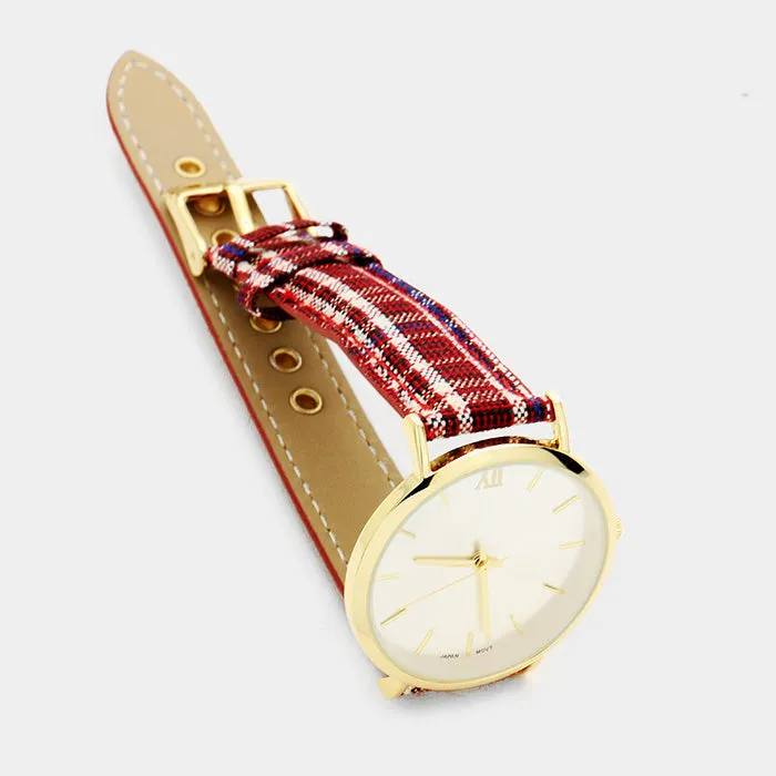 iLLASPARKZ Round Plaid Check Patterned Faux Leather Strap Watch