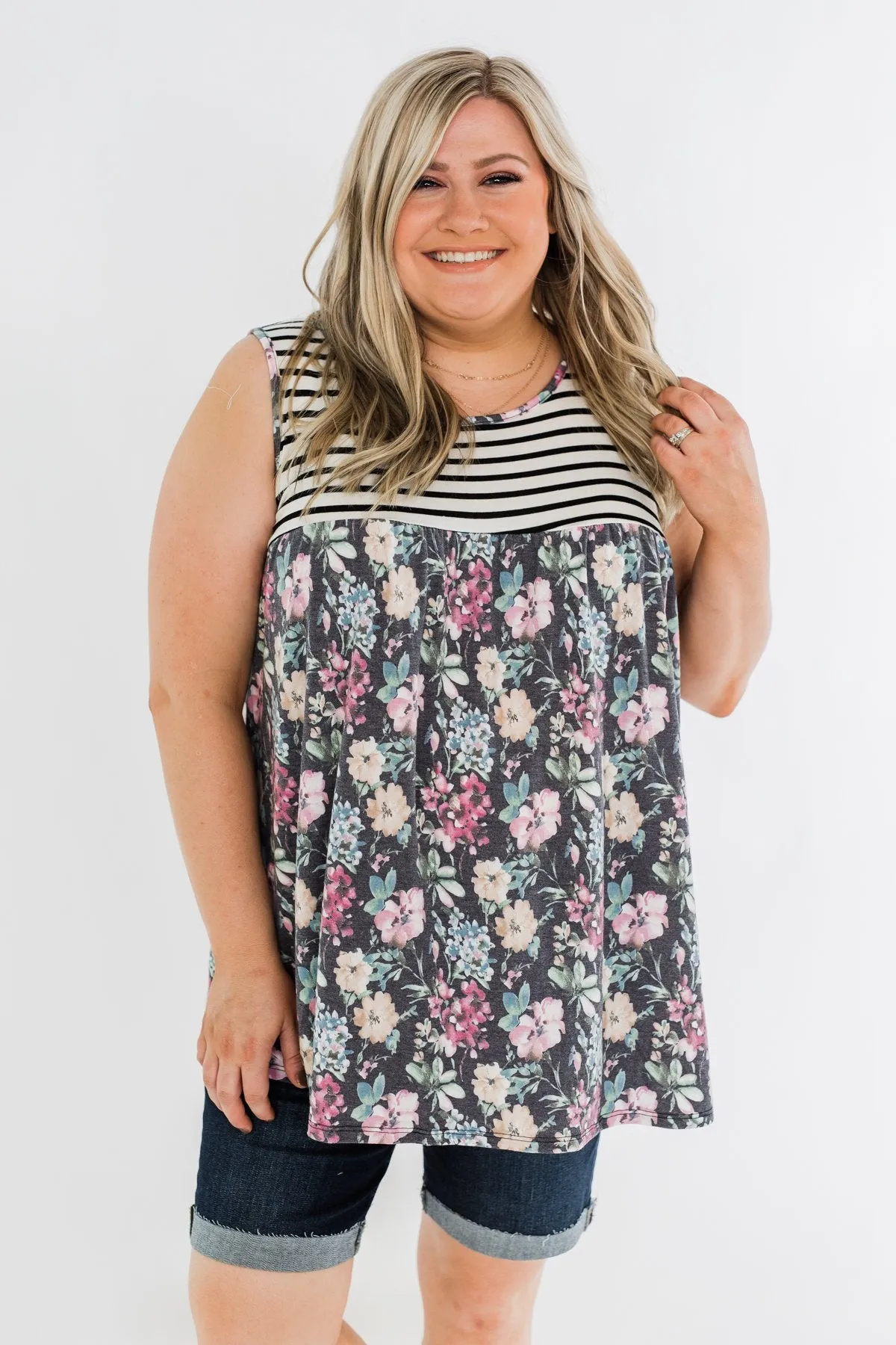 Ivory & Heather Charcoal Floral Stripes Tank Top