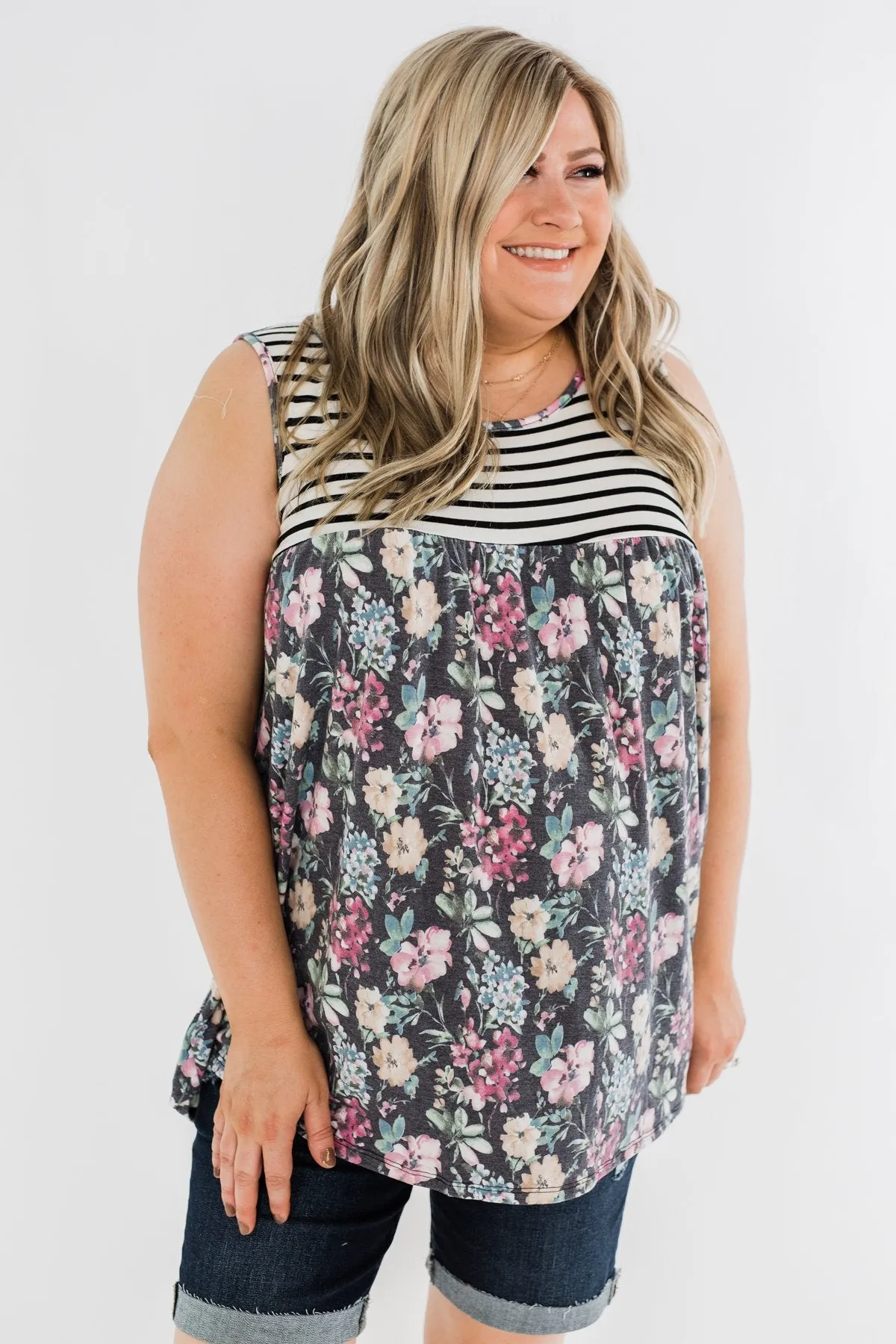 Ivory & Heather Charcoal Floral Stripes Tank Top