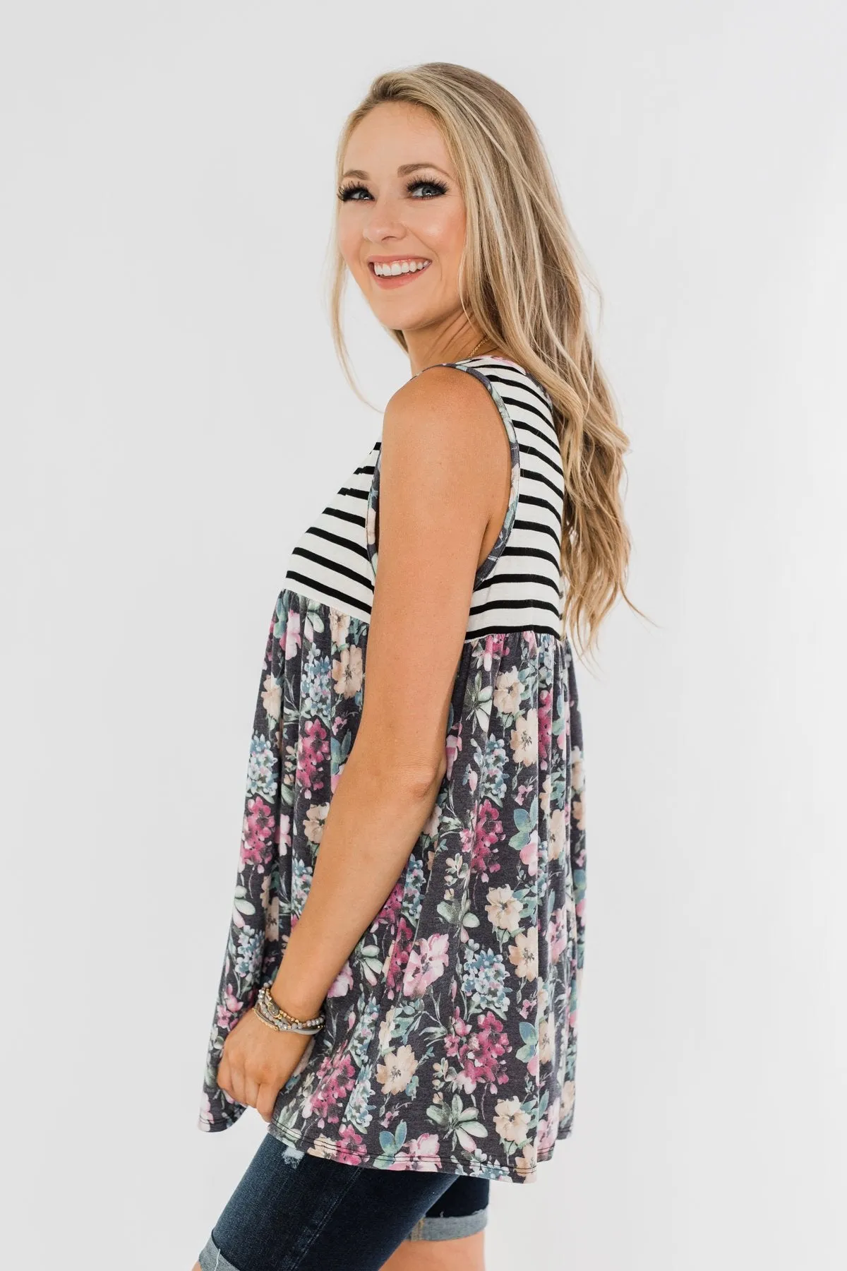 Ivory & Heather Charcoal Floral Stripes Tank Top