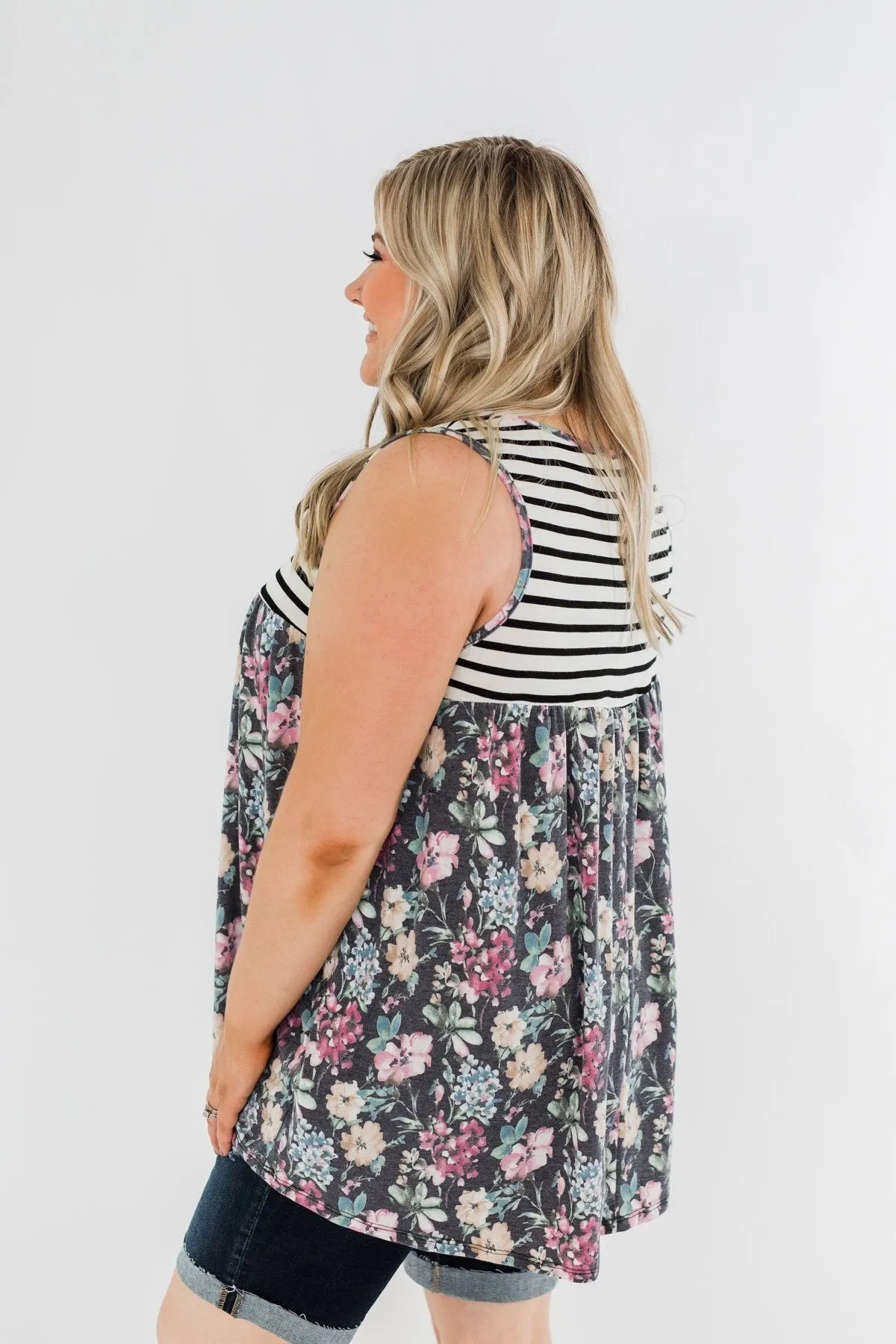 Ivory & Heather Charcoal Floral Stripes Tank Top