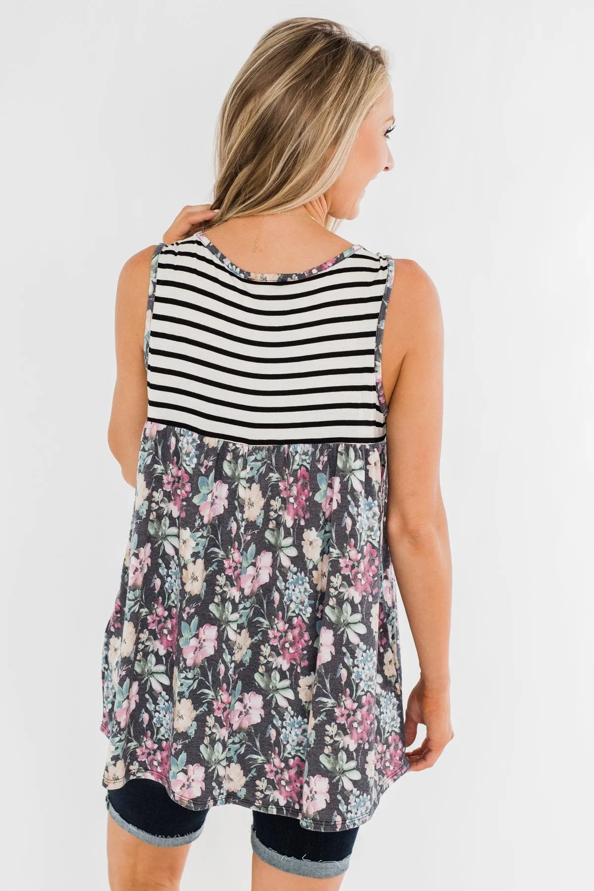 Ivory & Heather Charcoal Floral Stripes Tank Top