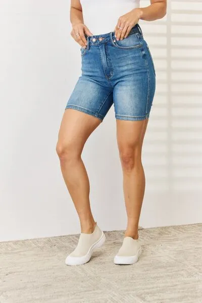 Full Size Tummy Control Double Button Bermuda Denim Shorts