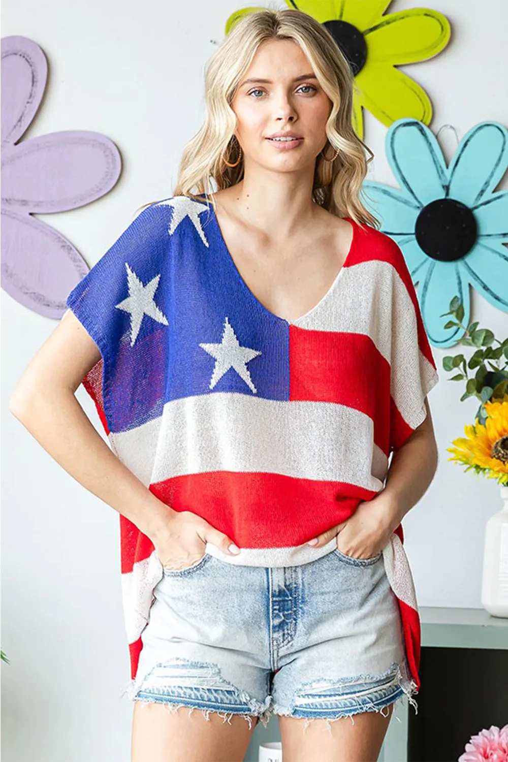 USA Flag Knit Top with Drop Shoulders